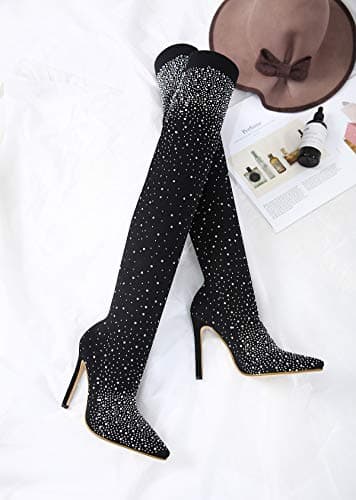 Azermo Women's Sparkly Rhinestone Thigh High Heeled Socks