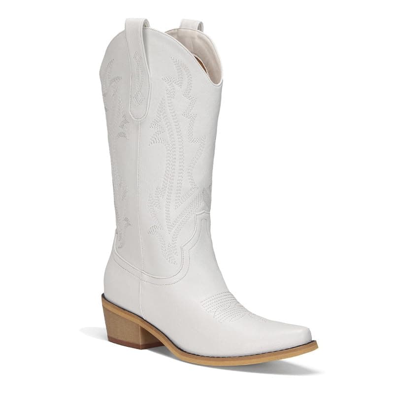 RURUNA Women's Black Mid Calf Square Toe Cowboy Boots — White