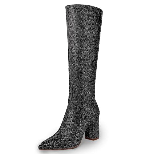 Sparkly Rhinestone Knee High Boots for Women — Black(knee High-chunky)