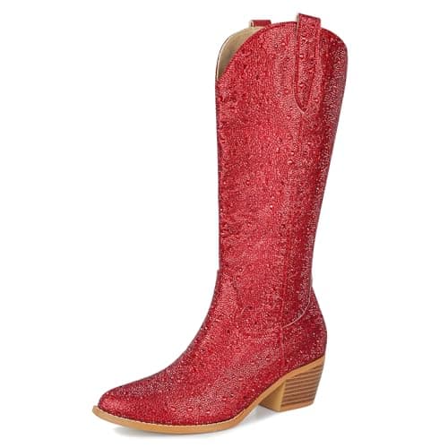 Stalov Western PointedToe Chunky Heel Knee High Cowgirl Boots — Rhinestone-red