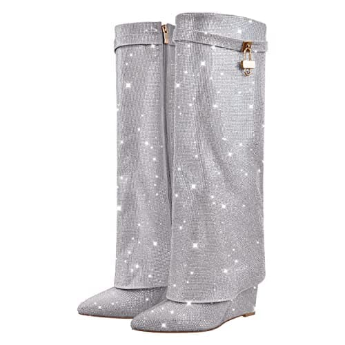 Richealnana Women's Rhinestone Wedge Knee-High Boots