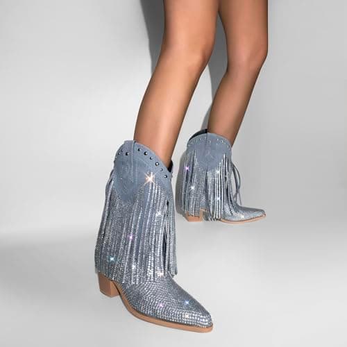 Sexytag Women's Sparkly Fringe Cowgirl Western Mid-Calf Boots