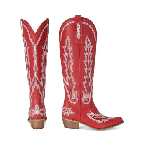 STALOV Women's Western Knee High Embroidered Cowboy Boots