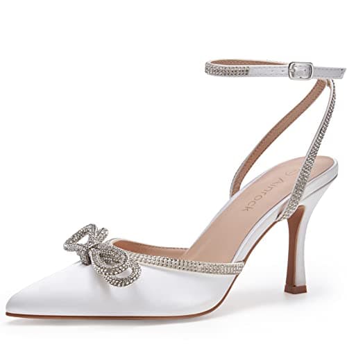 Ainrock Women's Sparkly Rhinestone Wedding Heeled Pumps for Bridal Dress — White