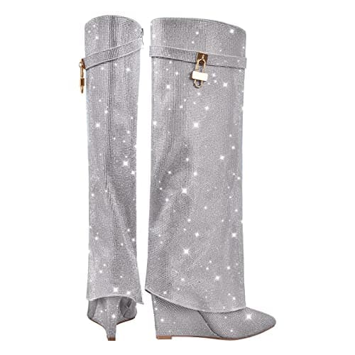 Richealnana Women's Rhinestone Wedge Knee-High Boots