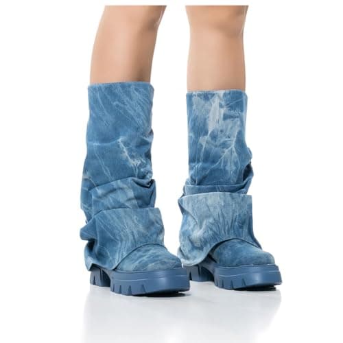 DETOGNI Women's Metallic Mid Calf Pull-On Chunky Platform Booties