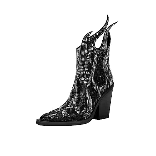 Feinlina Women's Sparkly Rhinestone PointedToe Chunky Heeled Cowboy Booties