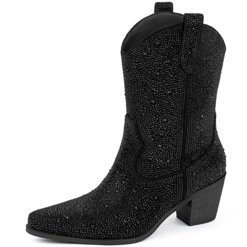 MissMiller Women's Sparkly Rhinestone Mid-Calf Cowboy Boots with Pull-On Tabs — Mid Rhinestone Black