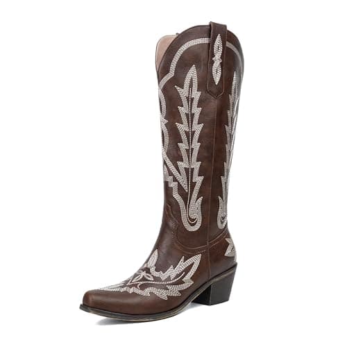 Beautiful Embroidered Cowgirl Boots for Women - Thigh High Western Style Zipper Heel — Knee High-brown