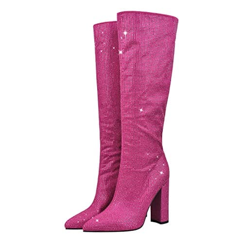Richealnana Women's Rhinestones Block Heel Knee High Booties