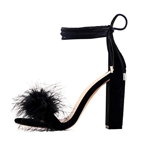 Richealnana Women's Fuzzy Cozy Strappy Feather Heeled Sandals