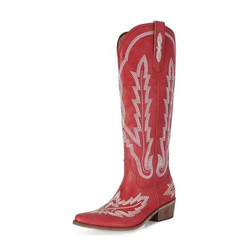 Stalov Western PointedToe Chunky Heel Knee High Cowgirl Boots — Red