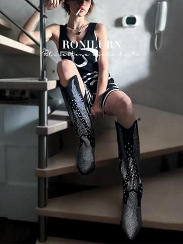 RONILURN Women's Black Knee High Cowboy Boot with Rhinestone Bling