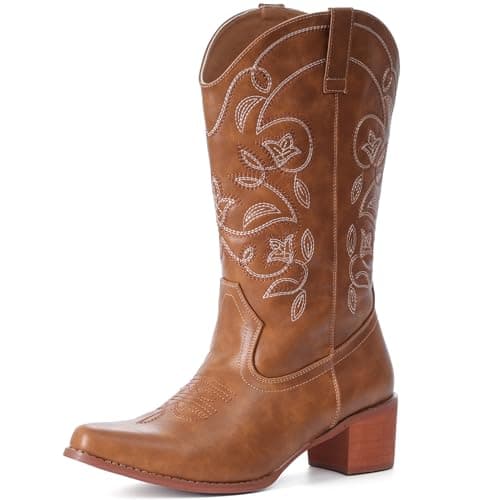IXU Women's Wide Calf Pointy Toe Mid Calf Western Boots — Chestnut