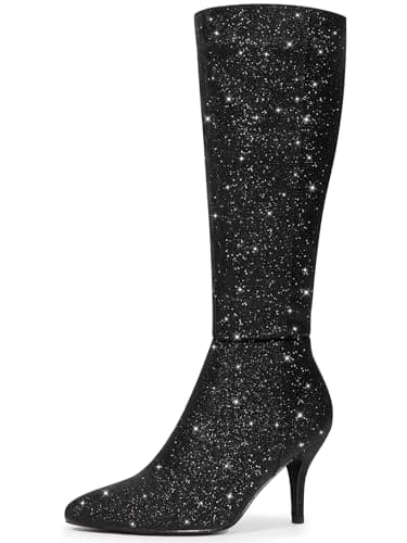 Allegra K Women's Sparkle Pointy Toe Knee High Boots — Black