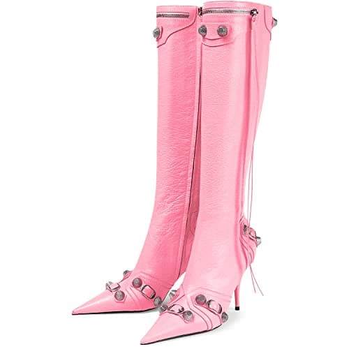 Kluolandi Women's Tassel Pointy Toe Knee High Stiletto Heel Booties — Pink