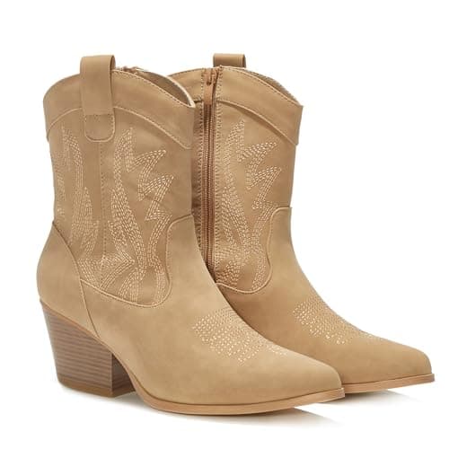 PEPPEP Collection Western Cowgirl Boots for Women, Vegan Leather, Embroidered Mid Calf Heel — Chunky Sand