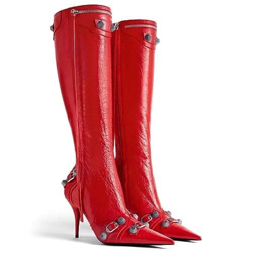 VOMIRA Pointed Toe Rivets Tassels Knee High Stilettos for Women — 1red