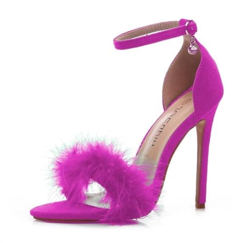 JOEupin Women's Fluffy Marabou Heel Strappy Sandals with Fur — Rose
