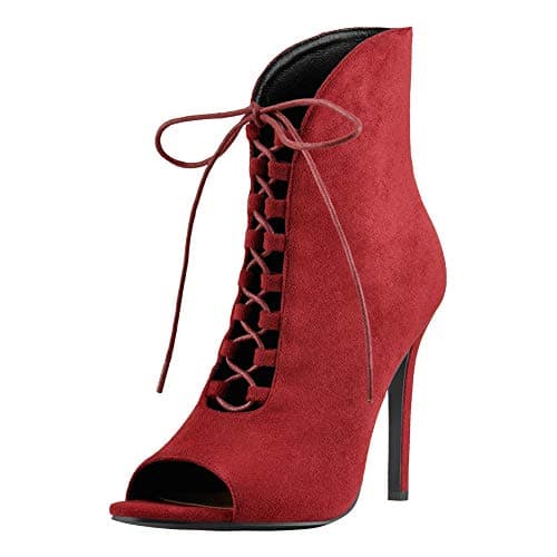 Women's Peep Toe Lace Up Ankle Booties — Red