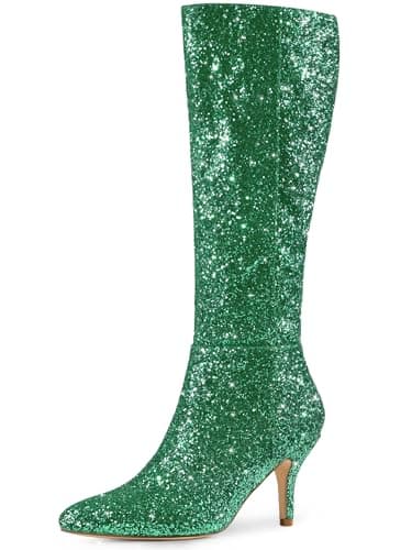 Allegra K Women's Sparkle Pointy Toe Knee High Boots — Green