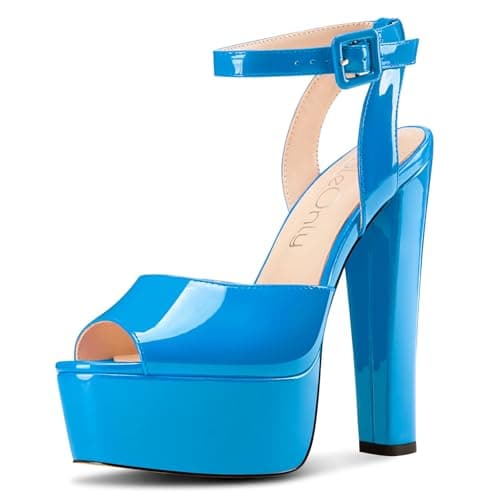 NobleOnly Chunky Heel Ankle Strap Sandals for Women Wedding Party Prom 5.9 Inches — Blue