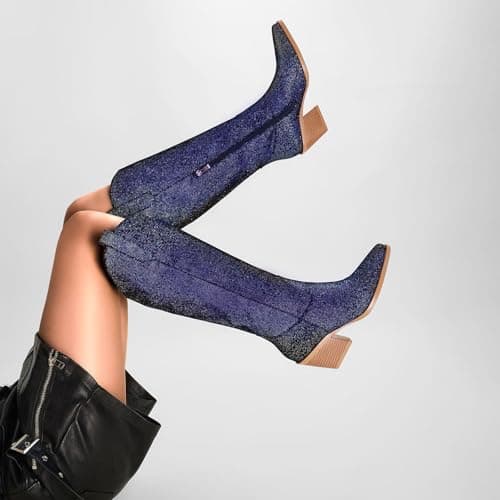 Gothictor Sparkly Knee High Cowboy Boots for Women