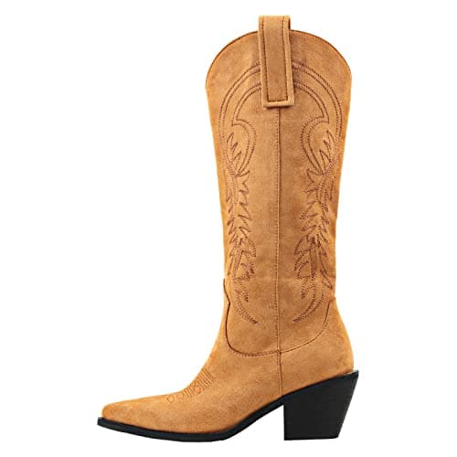 Richealnana Women's Cowgirl Short Embroidered Boots with Chunky Heels — Yellow