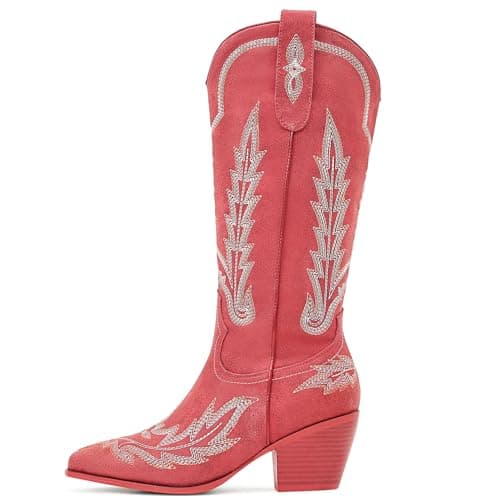 Red RONILURN Women's Cowboy Boot Mid Calf Embroidered Pointed Toe Pull-On Boot — Red Mid Calf