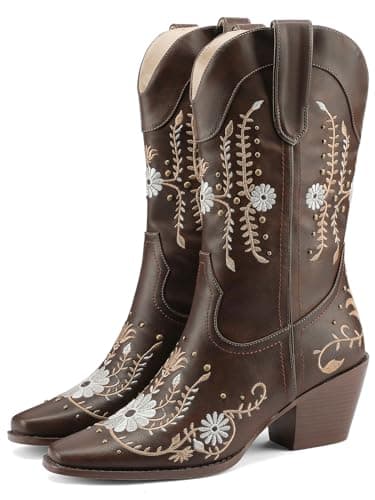 Red RONILURN Women's Cowboy Boot Mid Calf Embroidered Pointed Toe Pull-On Boot — Floral Brown