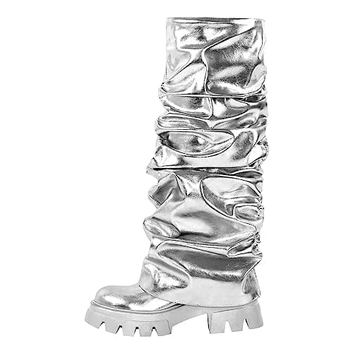 Richealnini Women's Metallic Knee High Pull-On Slouch Heels