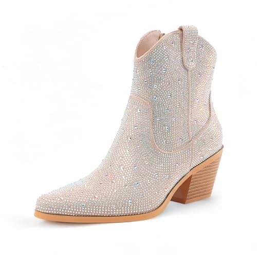 MISSMILLER Women's Sparkly Rhinestone Cowgirl Boots Pointed Toe Chunky Heels — S-beige