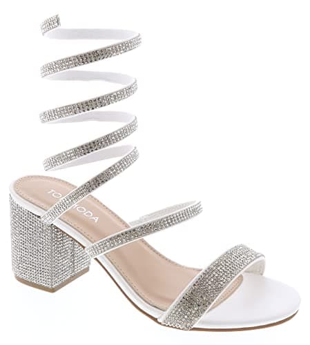 Top Moda Women's Rhinestone Spiral Ankle Strap Heels Sandals — White Pu Rhinestone