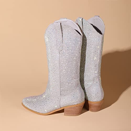 Atuelang Women's Sparkly Rhinestone Knee High Cowboy Boots