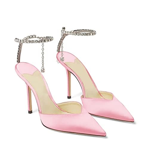 LauraVicci Women's Crystal Chain Heeled Sandals with Rhinestones Buckle Satin Shoes — Pink Satin