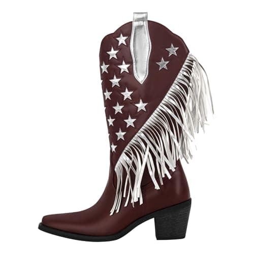 Richealnana Women's Calf High Tassel Fringe Cowgirls Boots Multicolor — Brown