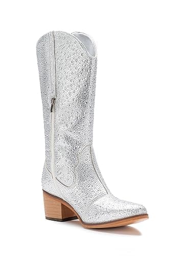 IUV Sparkly Embroidered Rhinestone Western Cowgirl Boots with Zippered Heel