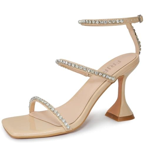 FRJR Women's Sparkly Rhinestone Kitten Heel Sandals with Stiletto Strap for Party Prom Wedding — Apricot
