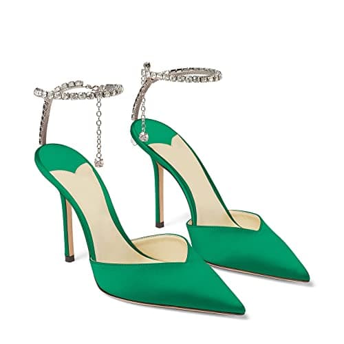 LauraVicci Women's Crystal Chain Heeled Sandals with Rhinestones Buckle Satin Shoes — Green Satin