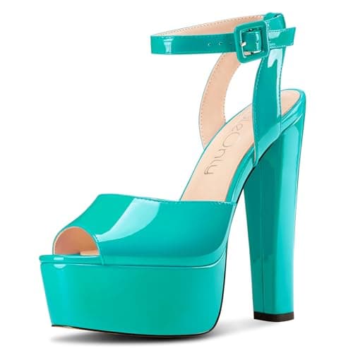 NobleOnly Chunky Heel Ankle Strap Sandals for Women Wedding Party Prom 5.9 Inches — Cyan Blue