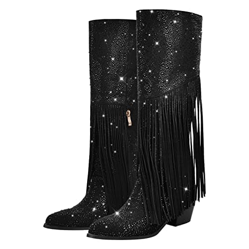 Women's Sparkle Rhinestone Clear Gems Calf High Boots — Tassel Black