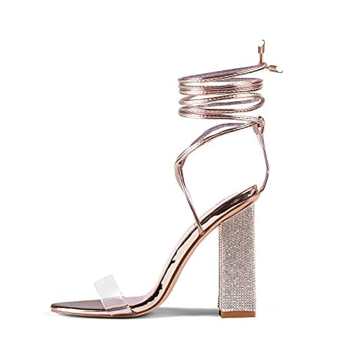 Genshuo Women's Strappy Rhinestone Chunky Heel Open Toe Party Wedding Shoes — Rose Gold