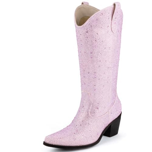 MissMiller Women's Sparkly Rhinestone Mid-Calf Cowboy Boots with Pull-On Tabs — Pink Solid