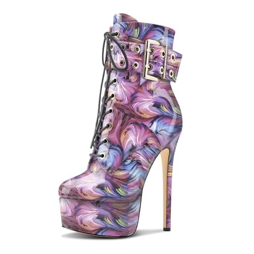 Womens Aachcol Stiletto Heel Platform Ankle Boots Patent Leather Zipper Buckle — Purple Multicolor