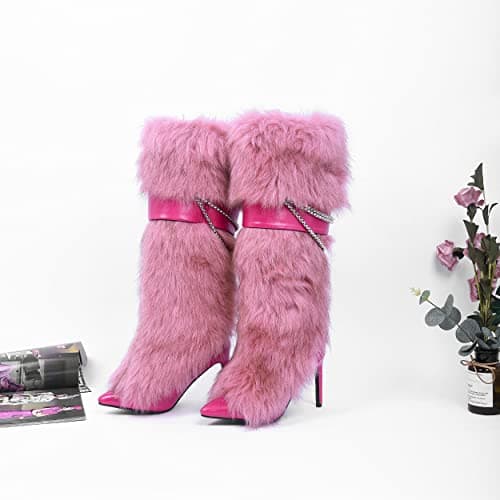 Ouwilov Pink Fluffy Knee-High Boots for Women Warm Winter Fashion