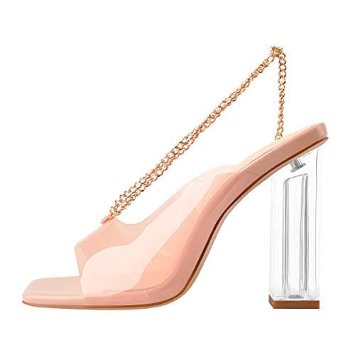 Richealnana Women's Square Toe Clear Block Heel Chain Sandals
