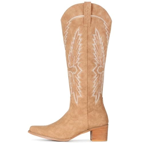 IUV Women's Knee High Western Pointy Toe Cowgirl Boots Chunky Heel Zipper