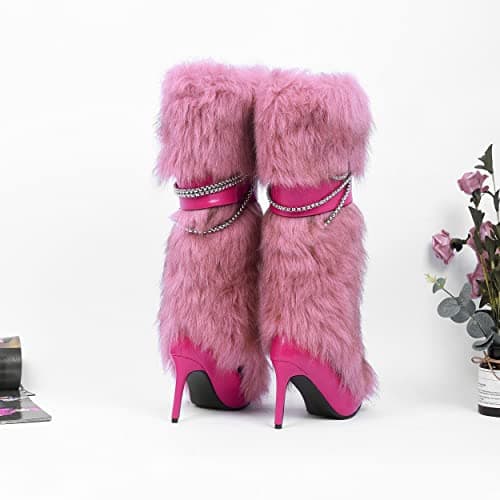 Ouwilov Pink Fluffy Knee-High Boots for Women Warm Winter Fashion