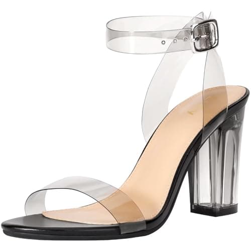 ZriEy Clear Block Sandals for Women Chunky Heels Open Toe Adjustable Ankle Strap Pump — New Black Clear