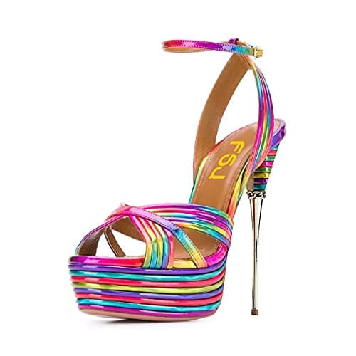 FSJ Women's Metallic Open Toe Stiletto Heel Platform Sandals Size 4-15 US — Rainbow